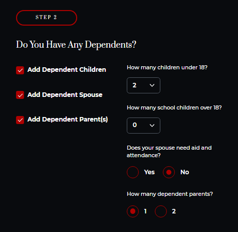 highlighting the dependents section of the VA Disability Calculator