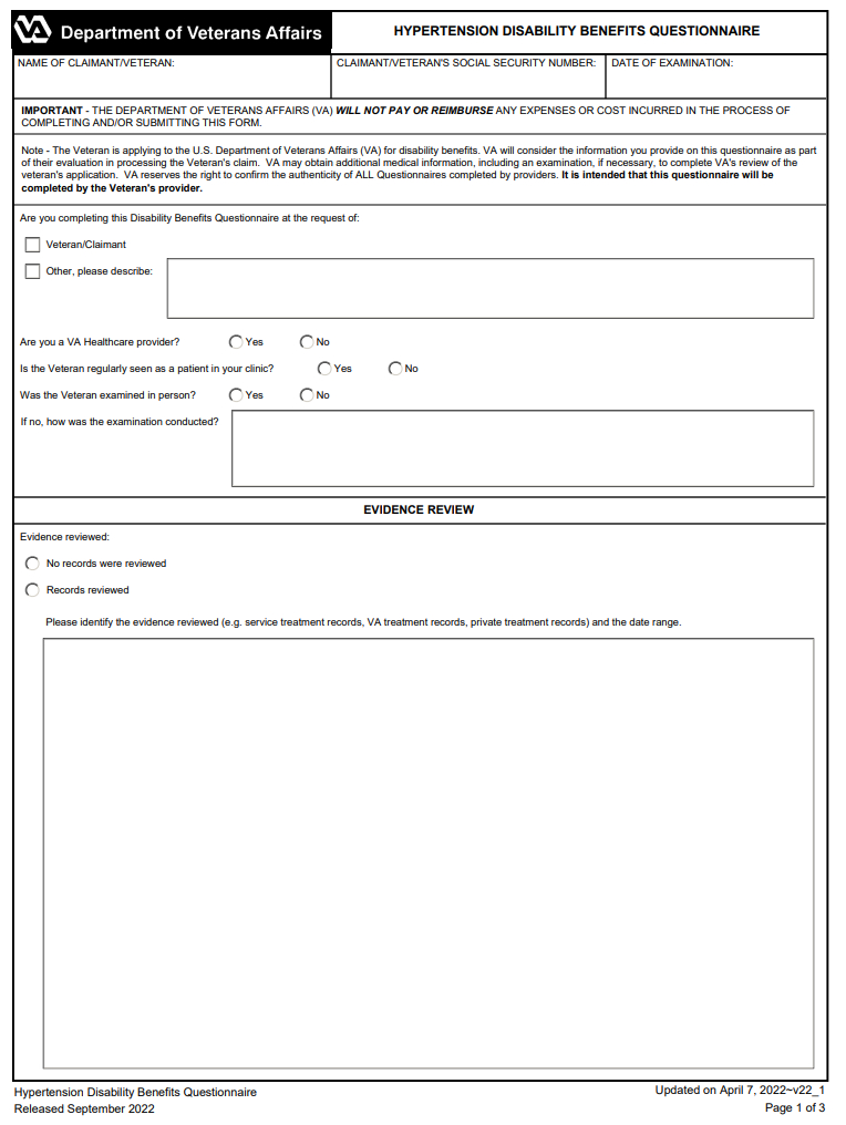 hypertension va disability benefits questionnaire form