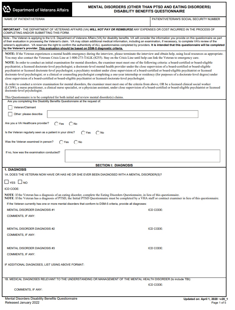 DBQ form for a va rating for anxiety