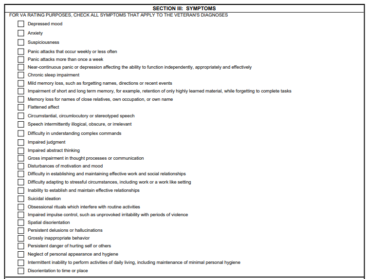 DBQ symptoms checklist