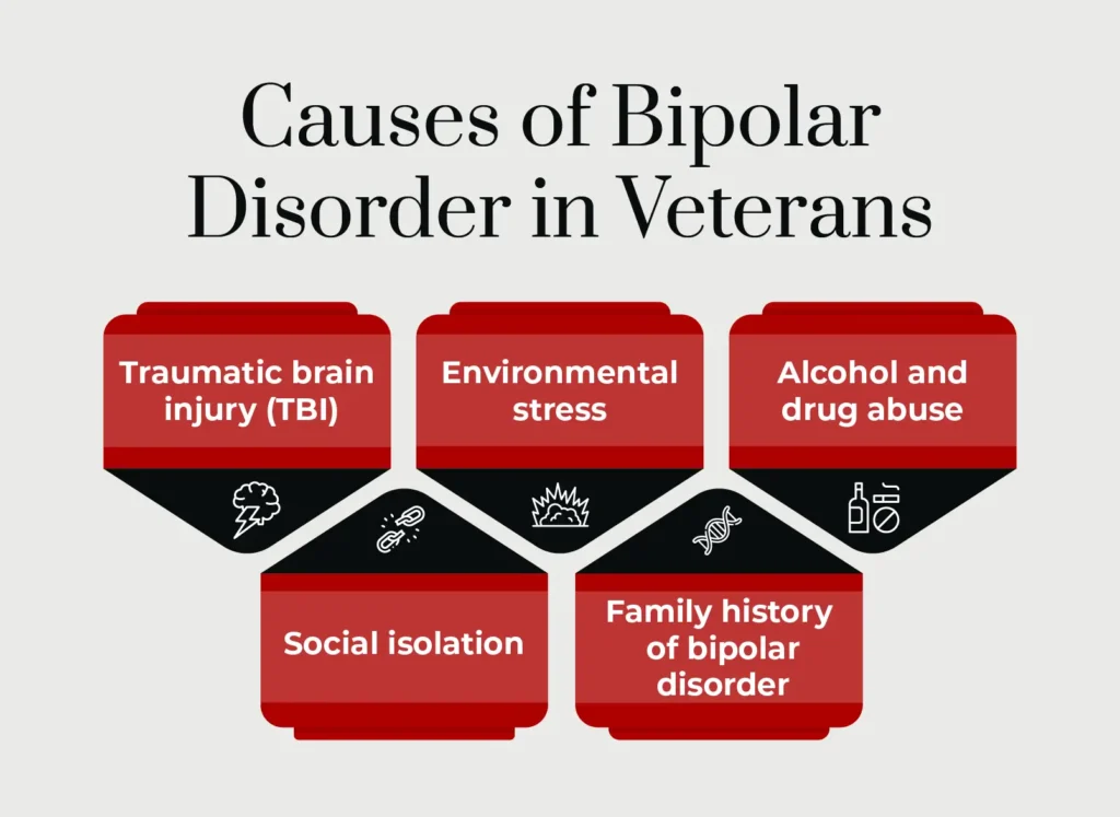 A graphic listing the causes of bipolar disorder in veterans.