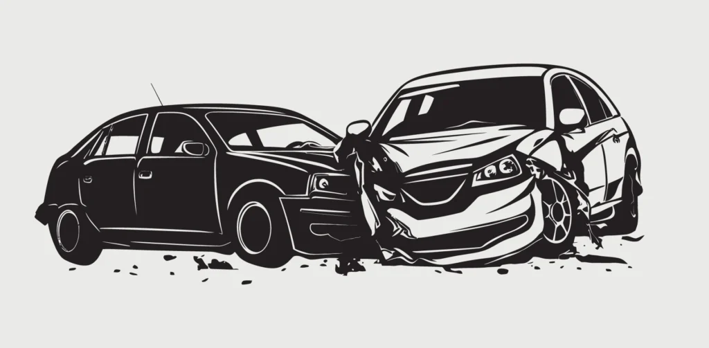 An illustration of two cars colliding.