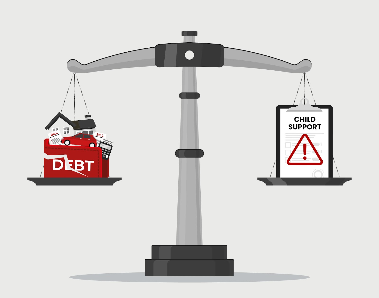 graphic depicting a balance scale with debt on on side and child support on the other side