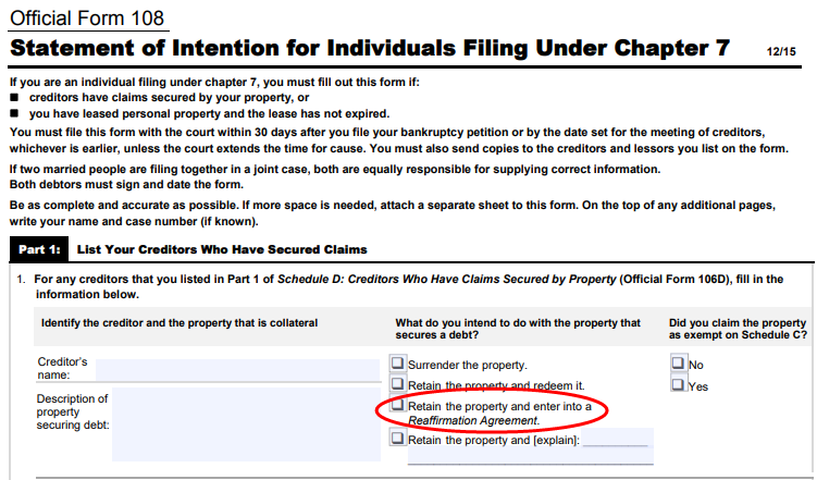 A screenshot of Official Form 108 highlighting the retain the property and enter into a Reaffirmation Agreement option.
