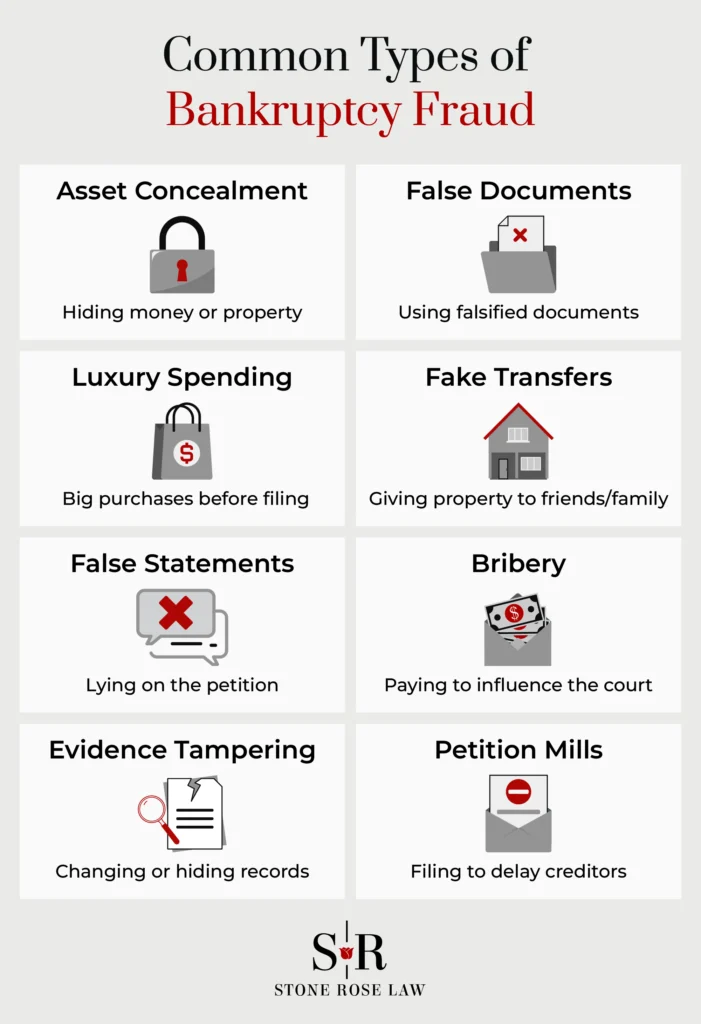 An infographic listing common types of bankruptcy fraud. 